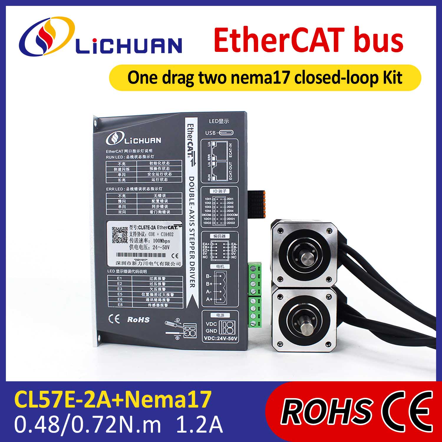 EtherCAT 2Phase Nema17 2-Axis DC Closed Loop Stepper Motor Drivers Kit