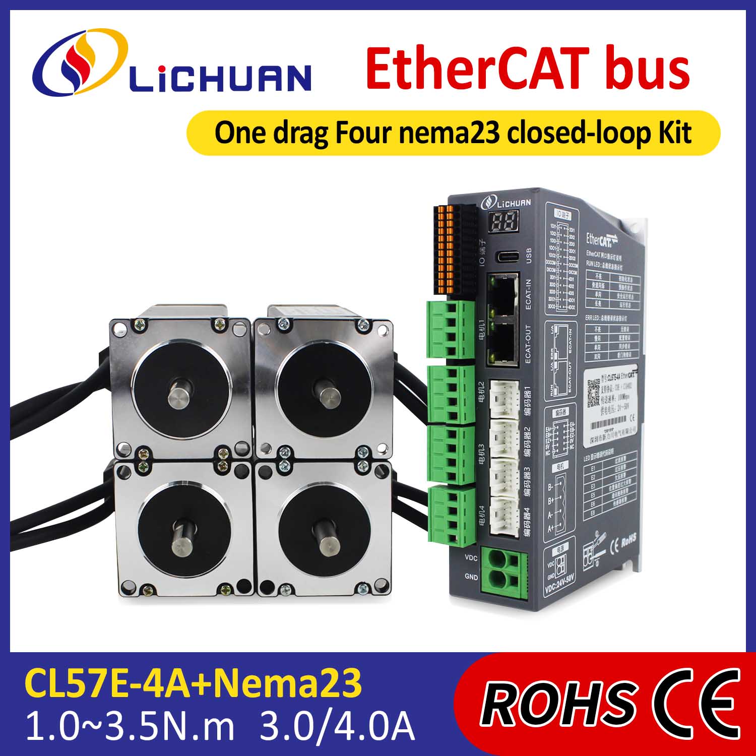 EtherCAT 2Phase Nema23 4-Axis DC Closed Loop Stepper Motor Drivers Kit